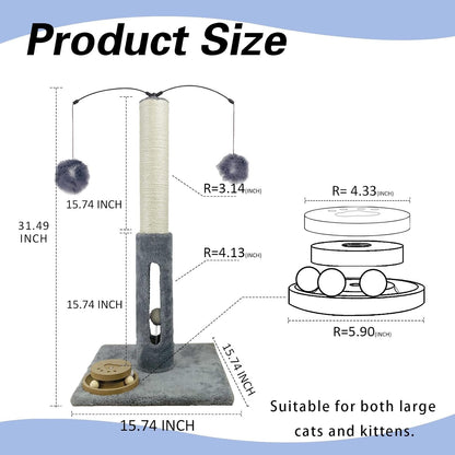 31" Cat Scratching Post Kitten Toys for Indoor Cats Interactive Scratcher with Tracking Ball, Sisal Scratch Rope for Large Cats,Sturdy Base Cat Scratch Post, (Gray, 31" H)2