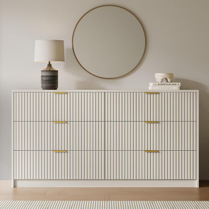 6 Drawer Dresser for Bedroom, 55" Wide Modern Chest of Drawers with Gold Metal Handles, Fluted Wood TV Stand for Living Room, Hallway(Beige)7