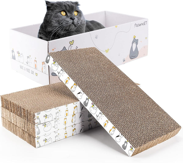 Patiencet Cat Scratch Pad with Box, 4 Pack Cardboard Cat Scratcher Lounge Bed for Indoor Cats, Reversible Corrugated Scratching Board Refill with Catnip1