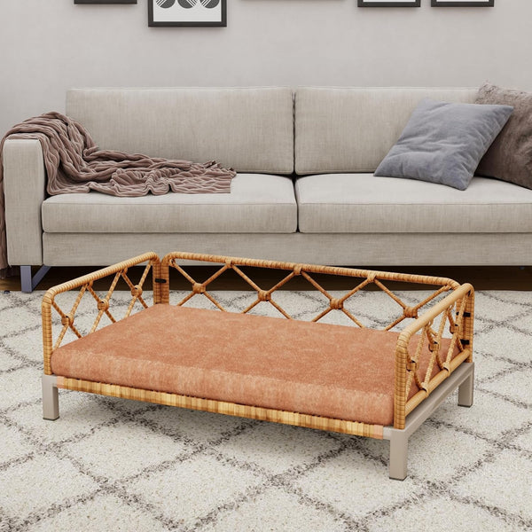 Small Dog Bed, Waterproof Elevated Dog Couch with Washable Removable White Cushion, Boho Rattan Dark Brown Wicker Orthopedic Pet Sofa for Outdoor, Indoor10