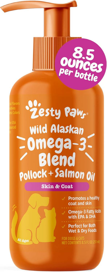 Zesty Paws Wild Alaskan Omega-3 Blend Pollock + Salmon Oil for Dogs and Cats- Skin and Coat Support, Omega 3 Supplement for Pets, 8.5Oz1