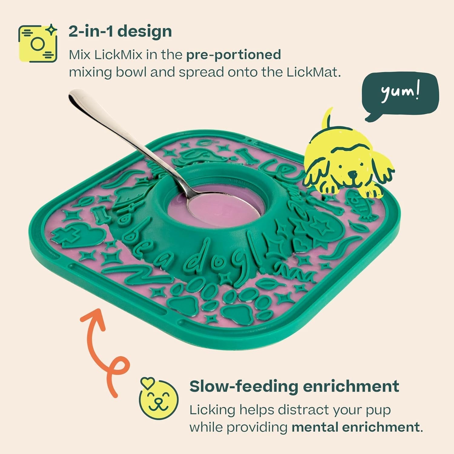 woof-lickmat-slow-feeder-mat-for-dogs-green-built-in-mixing-bowl-bpa-free-silicone-non-slip-suction-cups-dishwasher-safe-easy-to-clean