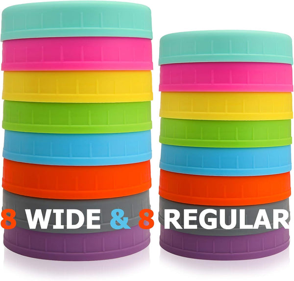 [16 Pack] Colored Plastic Mason Jar Lids Fits Ball, Kerr & More - 8 Wide Mouth & 8 Regular Mouth - Storage Caps for Canning Jars, Dishwasher Safe & Food Grade & Leakproof1