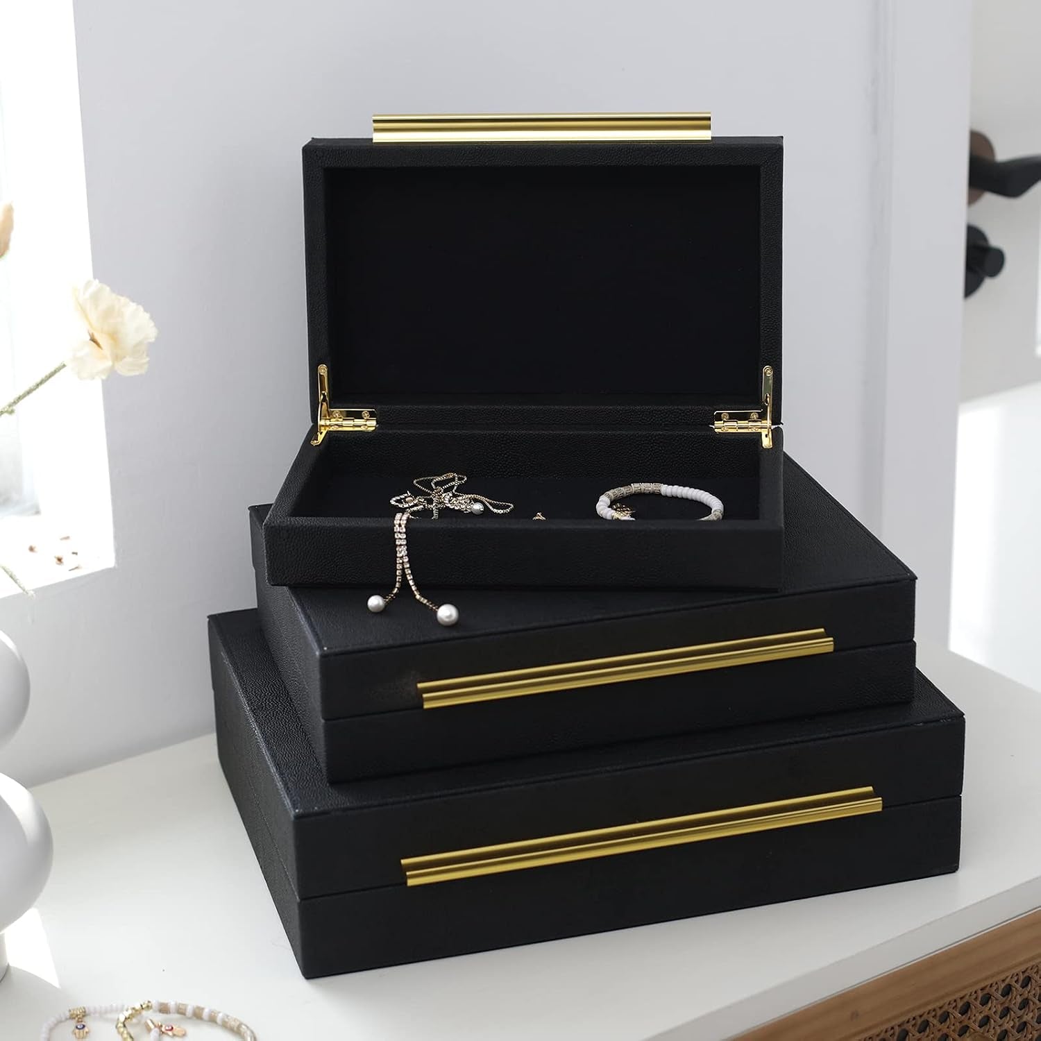 faux-shagreen-decorative-stackable-jewelry-storage-boxes-set-of-3-black-jewelry-organizers-with-gold-metal-handles-velvet-lining-modern-black-box-for-vanity-entryway-coffee-table-decor