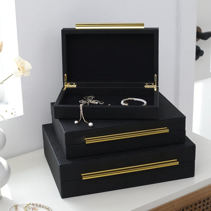 Faux Shagreen Decorative Stackable Jewelry Storage Boxes Set of 3,Black | Jewelry Organizers with Gold Metal Handles & Velvet Lining, Modern Black Box for Vanity, Entryway & Coffee Table Décor6