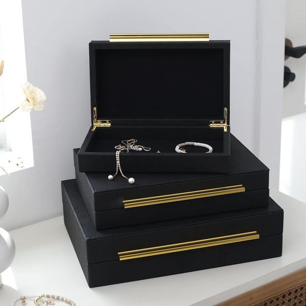 Faux Shagreen Decorative Stackable Jewelry Storage Boxes Set of 3,Black | Jewelry Organizers with Gold Metal Handles & Velvet Lining, Modern Black Box for Vanity, Entryway & Coffee Table Décor6