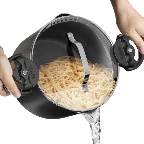 Pasta Pot with Strainer Lid - 5 Quart Multipurpose Stock Pot, Simmer Spaghetti Pot with Pasta Strainer Lid - Twist & Lock Handles, Nonstick Ceramic Stainless Steel Pot, Tempered Glass Lid Black1