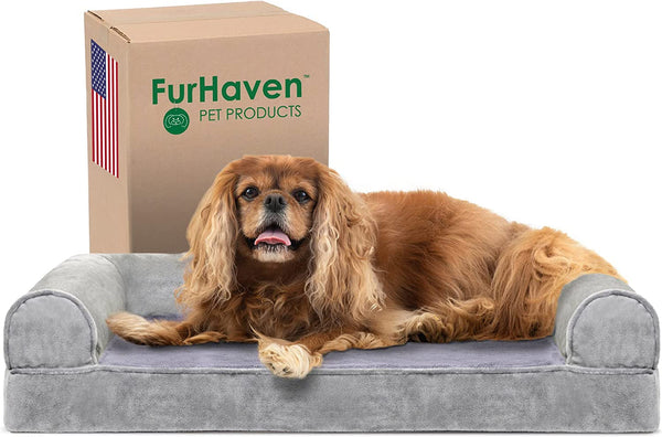 Furhaven Orthopedic Dog Bed for Large Dogs, Sofa-Style with Cool Gel-Top Foam with a Solid Orthopedic Foam Base for Joint Support, Removable Washable Cover, Jumbo XL, Plush & Suede, Gray29