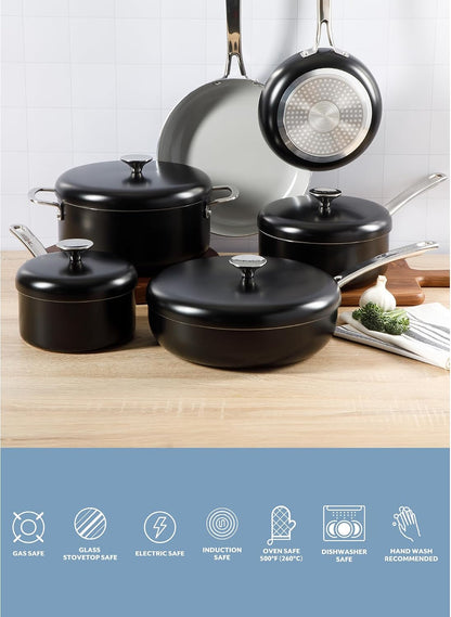 Sur La Table Kitchen Essentials Potluck Porch 10 Piece PFA Free Ceramic Non Stick Interior Forged Aluminum Cookware Pots and Pans Set W/Aluminum Lids - Black - Induction Compatible4