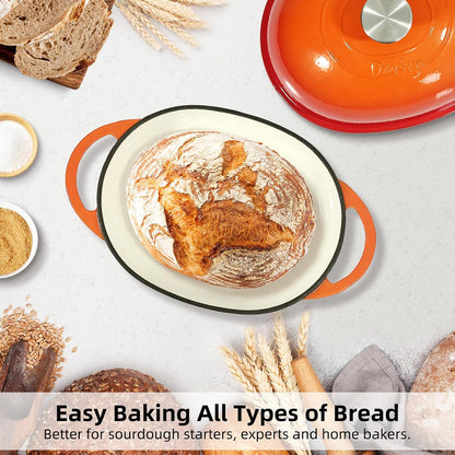 11" X 8.7" Oval Bread Oven with Domed Lid, Enameled Oval Dutch Oven Pot for Sourdough Bread Baking 6QT, Non-Stick Cast Iron Sourdough Pan Bread Cloche with Lid - Flame Orange4