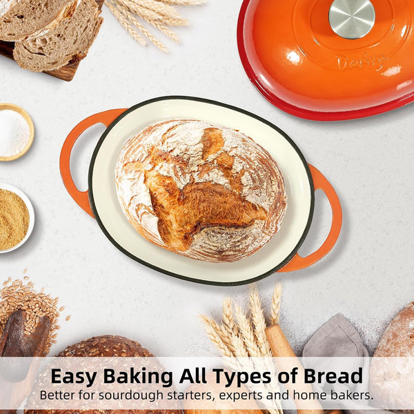 11" X 8.7" Oval Bread Oven with Domed Lid, Enameled Oval Dutch Oven Pot for Sourdough Bread Baking 6QT, Non-Stick Cast Iron Sourdough Pan Bread Cloche with Lid - Flame Orange4