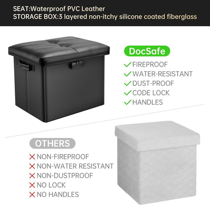 Storage Ottoman with Lock,Fireproof Folding Ottoman Foot Rest Stool Storage Chest with Storage Safe for Important Documents,Waterproof 17 Inches Short Ottoman Foot Stool with Handles,Black8