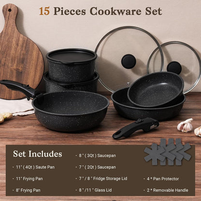 15Pcs Pots and Pans Set Non Stick, Detachable Handle, Induction | Nonstick,Black, Aluminum, Granite Coating,Induction Ready, RV Kitchen, Stackable Design, Space-Saving for Small Kitchens2