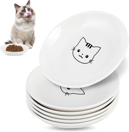 6 Pack Cat Food Bowl, Ceramic Cat Bowls, anti Whisker Fatigue Cats Bowl Set | 5.5 Inches Shallow Wide Kitten Plates for Food and Water (White-A)11