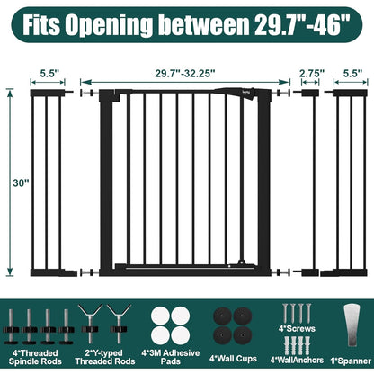 Keny 29.7"-46" Baby Gate for Stairs, Auto Close Dog Gates for Doorways | Pressured Mounted No Drilling Pet Gate Extra Wide, One-Hand Opening Dual Lock Stair Gate, Indoor Kids Necessities, Black6