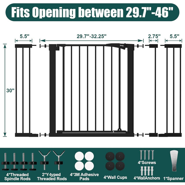 Keny 29.7"-46" Baby Gate for Stairs, Auto Close Dog Gates for Doorways | Pressured Mounted No Drilling Pet Gate Extra Wide, One-Hand Opening Dual Lock Stair Gate, Indoor Kids Necessities, Black6