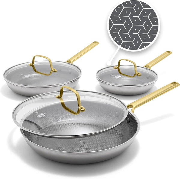 Hybrid 6 Piece (8",10" & 12") Stainless Steel Skillets with Lids | APEX Tri-Ply Frying Pans, Pfas-Free Nonstick, Induction & All Cooktop Compatible, Dishwasher & Oven Safe up to 850F, Gold1