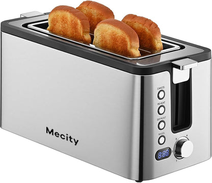 4 Slice Toaster, Long Slot Toaster with Countdown Timer, Bagel/Defrost/Reheat/Cancel Functions,Warming Rack, Removable Tray, 6 Browning Settings, Extra Wide Slots, Stainless Steel, 1300W1