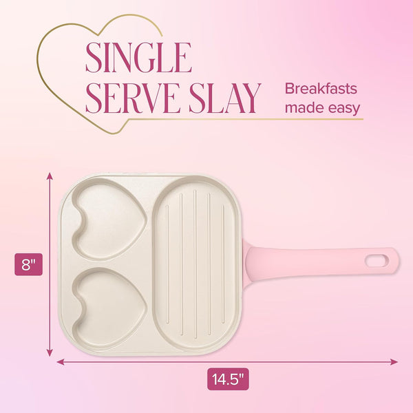 Ceramic Nonstick Divided Skillet with Heart-Shaped Sections and Grill Plate, Cast Aluminum, Dishwasher Safe, 8-Inch, Pink6