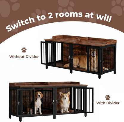 BOINN 63" Heavy Duty Dog Crate Furniture with 4 Doors, Removable Divider & Openable Top, Indoor Dog Kennel with Raised Edge Tabletop, Double Dog Cage for Medium Large Dogs, Decorative Pet Crate5