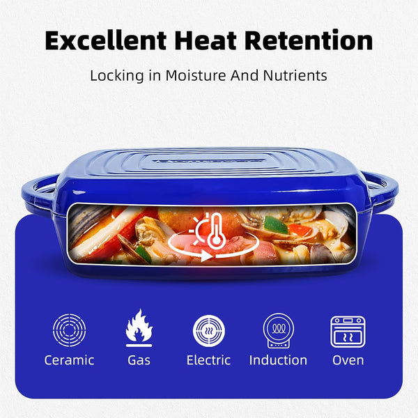 2-In-1 Square Enameled Cast Iron Dutch Oven 7QT Baking Pan and Gridle Lid with Dual Handles, Cast Iron Skillet Lid, Coating Gridle for Baking, Braising and Grilling - Blue4