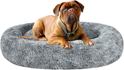Coohom Oval Calming Donut Cuddler Dog Bed,Shag Faux Fur Cat Bed Washable round Pillow Pet Bed(30"/36"/43") for Medium Dogs (Xl(36"X27"X7"),Light Brown)10