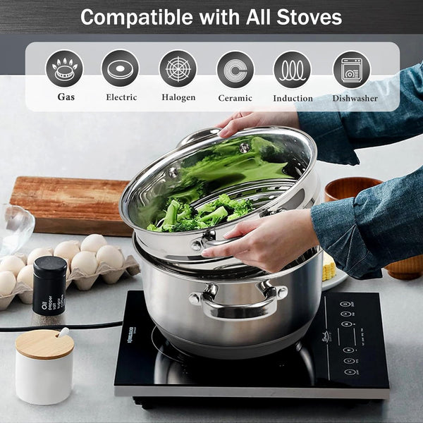 ® 4 Quart 18/10 Stainless Steel Tri-Ply Stockpot and Steamer with Tempered Glass Lid, Multipurpose Steamer Pot Compatible with All Cooktops, Non-Toxic Soup Pot, Oven & Dishwasher Safe (Silver)5
