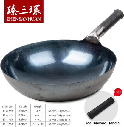 Zhensanhuan Chinese Hand Hammered Iron Woks and Stir Fry Pans, Non-Stick, No Coating, Less Oil, 章丘铁锅，Carbon Steel Pow (Seasoned 32CM)3