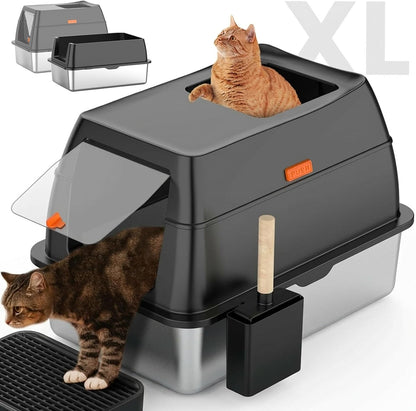 Stainless Steel Litter Box with Lid,Front Entry Top Exit Kitty Litterbox,Extra Large Enclosed Metal Cat Box with Litter Scoop & Litter Mat-Black9