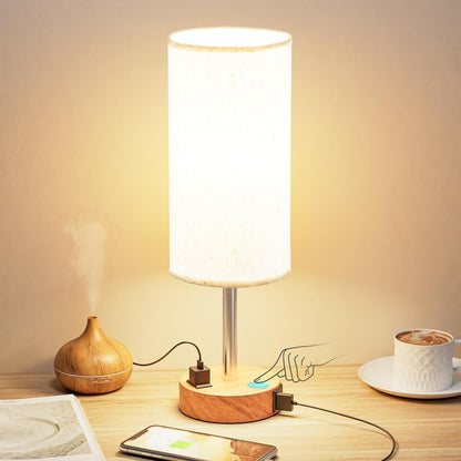 Bedside Table Lamp for Bedroom - Dimmable Touch, USB A+C, AC Outlet | 3-Way Dimmable, LED Bulb Included, Fabric Lampshade, Wood-Grain Metal Base, 14" Small Nightstand Lamp for Desk, Living Room1