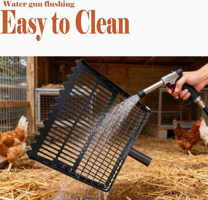 Chicken Poop Scooper & Rake 2-In-1, Adjustable 35"-65" Stainless Steel Handle, Heavy Duty Metal Black Shovel Head for Chicken Coop Cleaning, Pet Waste, Cat Litter Sifting3
