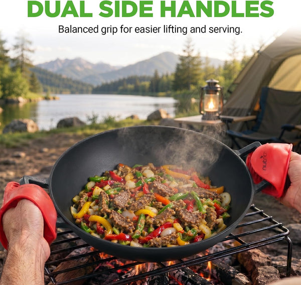 14" Cast Iron Wok with Wooden Lid - Pre-Seasoned Kadai for Stir-Fry with Loop Handles, Compatible with Multiple Cooktops Including Induction, Large 5.8 Qt Capacity5