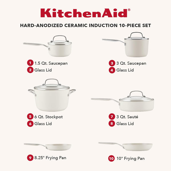 Kitchenaid Hard Anodized Ceramic Induction Pots and Pans, Dishwasher Safe, Includes Saucepans, Stockpot, Sauté Pan, Frying Pans/Skillets, and Lids, 10 Piece Cookware Set - Porcelain White2