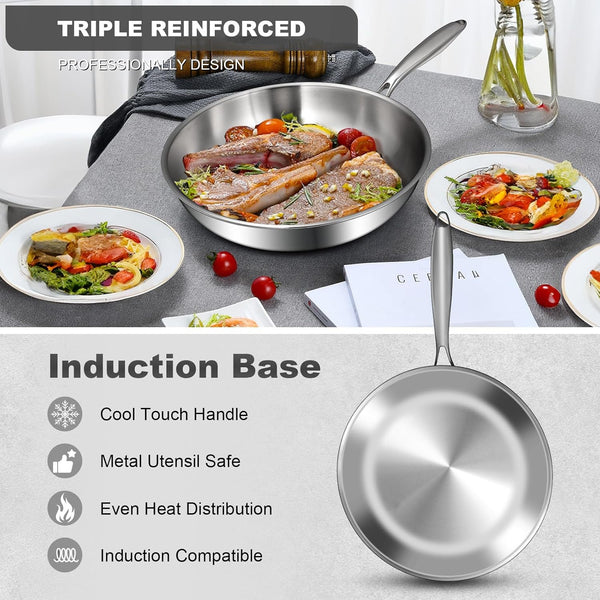 12 Inch Tri-Ply Stainless Steel Frying Pan, Compatible with All Cooktops up to 600℉, Large Frying Pan Induction-Ready Skillet, Dishwasher and Oven Safe, Even Heat, 12" Skillet4