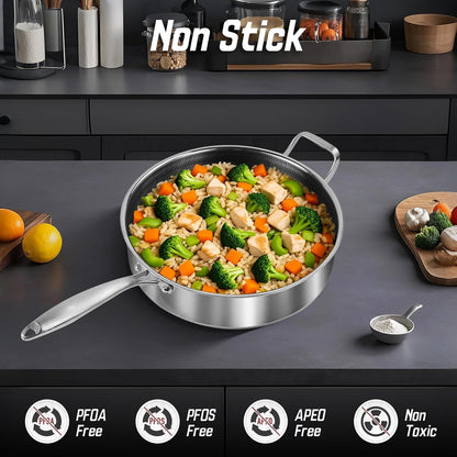 Frying Pans Nonstick Wih Lid, Non Stick Tri-Ply Stainless Steel Saute Pan, 8 Quarts Large Sauté Pan, 13.5 Inch Induction Cooking Pan, Dishwasher and Oven Safe, PFOA Free2