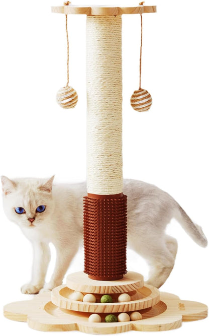 Cat Scratching Post for Kittens, 4 in 1 Wooden Cat Scratcher Toy, 17.7" Tall Scratch Post with 2 Level Cat Track Balls, Interactive Feather Toy and 2 Sisal Hanging Balls for Indoor Kittens8