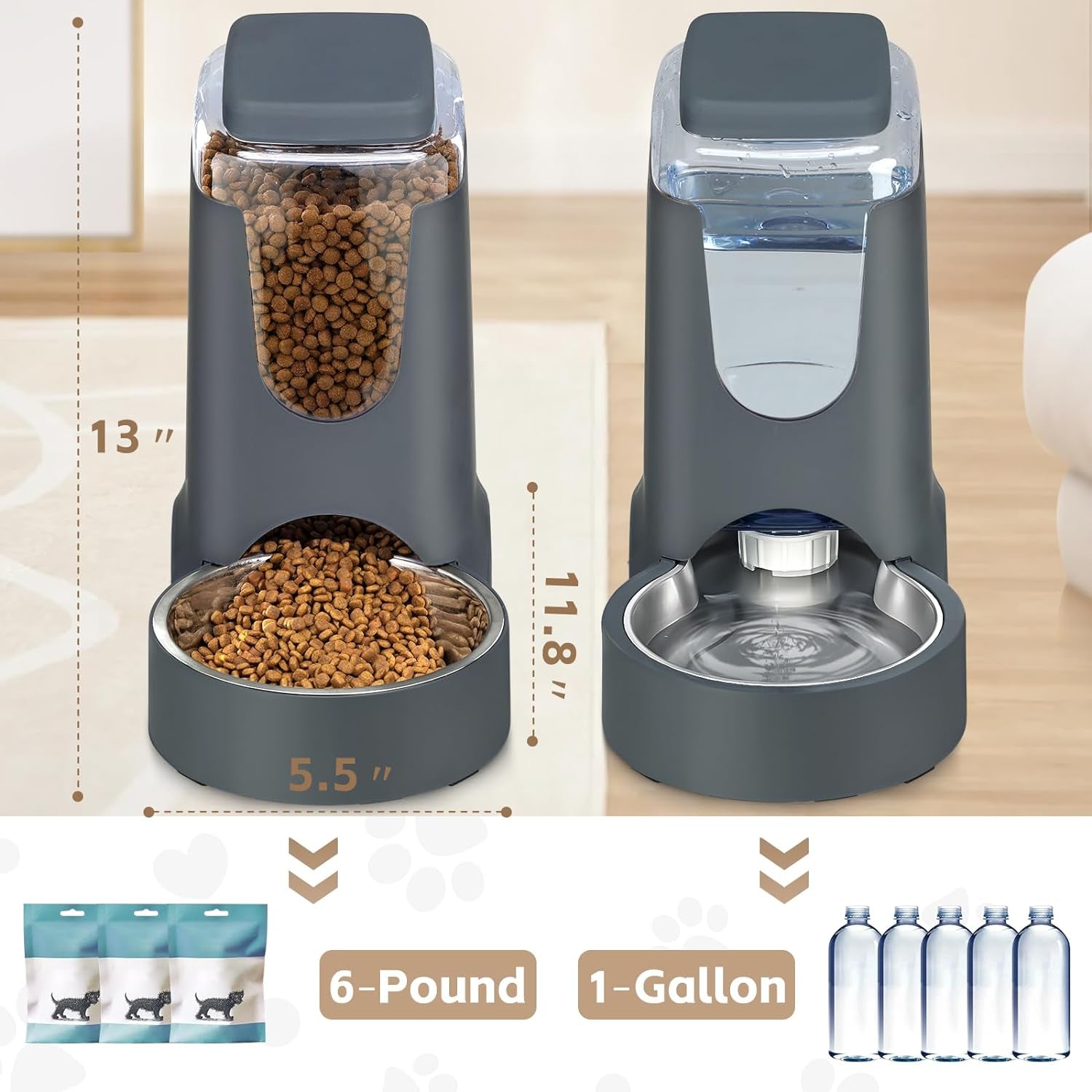 automatic-cat-feeder-and-water-dispenser-with-stainless-steel-bowl-dog-gravity-food-feeder-and-waterer-for-small-medium-pets-puppy-kitten-1-gallon-x-2