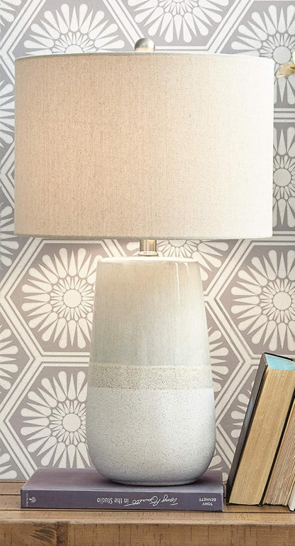 Signature Design by Ashley Shavon Ceramic Table Lamp, 26", 3-Way Switch | Textured Neutral Glazed Base, Beige and White Finish, Fabric Drum Shade, Versatile 3-Way Switch, Living Room Use6