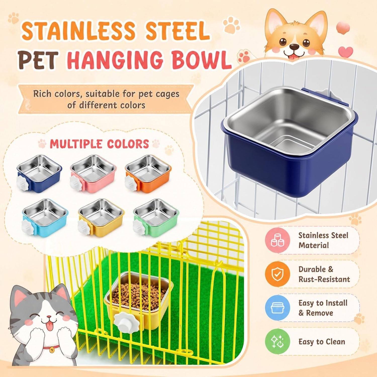 lemonroad-12-pcs-dog-crate-water-bowl-bulk-no-spill-hanging-for-kennel-removable-stainless-steel-puppy-food-water-feeding-bowls-cage-coop-cup-for-dogs-cats-rabbits-birds-ferretsquare-bowl