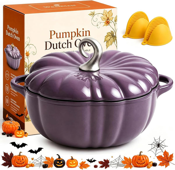 Pumpkin Dutch Oven Pot with Lid 3QT Enameled Cast Iron Pumpkin Pots，Purpleb | Pumpkin Cocotte with Dual Handles, Soup Pot, Serves 2-3, Oven & Stove Safe for Cooking, Superior Heat Retention for Soups1