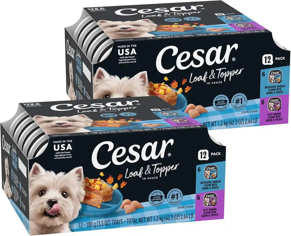 Cesar Loaf & Topper Wet Dog Food, Variety Pack, 3.5 Oz, 24 Count | Real Meat #1 Ingredient, No Fillers or Artificial Flavors, Easy-To-Digest, Slow-Cooked Tender Texture, Easy Peel Trays14