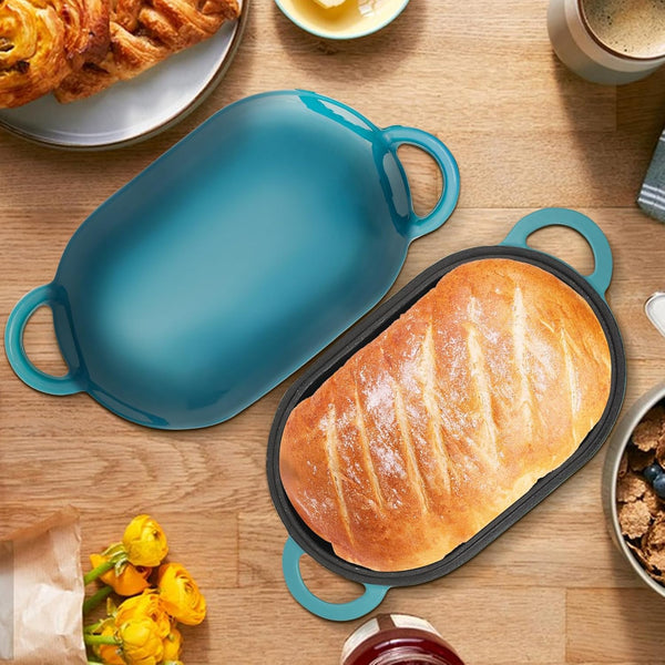 5 QT Enameled Cast Iron Sourdough Bread Oven, Loaf Pan with Lid | Oval Dutch Oven for Homemade Sourdough Bread Baking, Oven Safe up to 500°F, Meatloaf Pan with Dome Lid, Blue-Green9