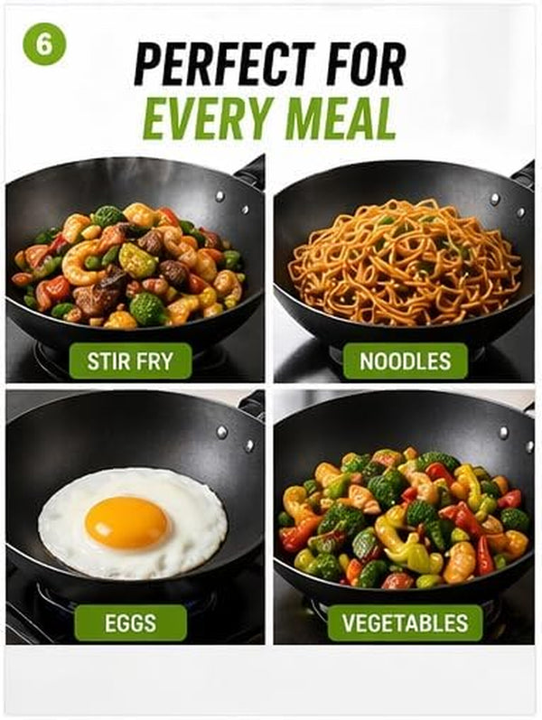 12.5" Carbon Steel Wok – Non-Stick, Pfas-Free Coating, Non-Toxic, Induction-Safe Flat Bottom Stir Fry Pan with Ergonomic Handle6