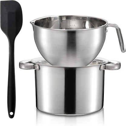 Double Boiler Pot Set with Silicone Spatula, 2000ML/1.8QT Chocolate Melting Pot with 2800ML/2.54QT Stainless Steel Pot, Candy Melting Pot, Chocolate Melter for Butter, Caramel, Cheese, Wax,1