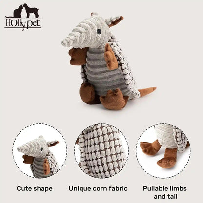 Hollypet Plush Dog Squeaky Toy Stuffed Armadillo Animal Pet Puppy Chew Toys with Clean Teeth for Small Medium Large All Breed Sizes Dogs, Gray, 8 In3