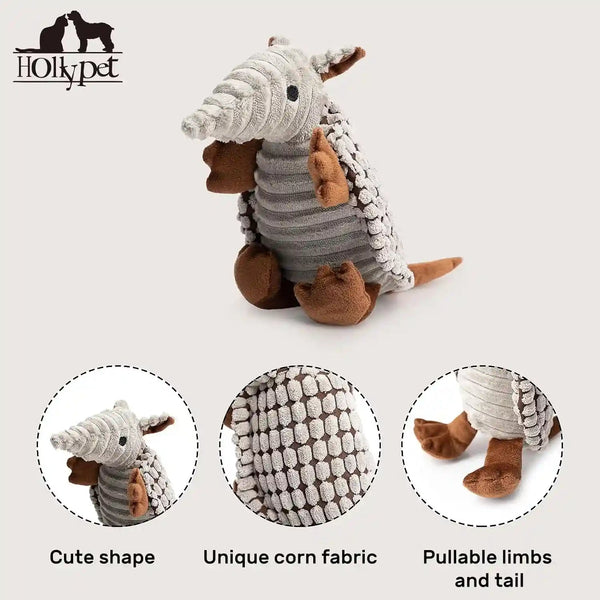 Hollypet Plush Dog Squeaky Toy Stuffed Armadillo Animal Pet Puppy Chew Toys with Clean Teeth for Small Medium Large All Breed Sizes Dogs, Gray, 8 In3