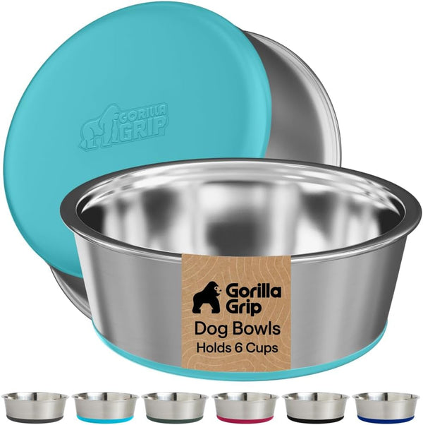 GORILLA GRIP Dog Bowls, Food Grade 304 Stainless Steel, Holds 2 US Cups Each (16 Fl Oz) Food and Water Bowl for Feeding Dogs and Cats, Dishwasher Safe, Rust Resistant BPA Free Rubber Base, 2 Set Black20