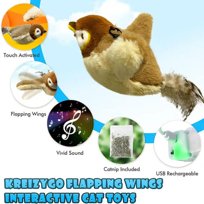 Cat Toys, Flapping Wings Sparrow, No Flying, Chirping Bird Interactive Catnip Toy for Kitten or Small Dogs, Touch Activated, Rechargeable2