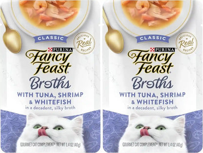 Purina Fancy Feast Broths Classic Cat Food Topper with Tuna, Shrimp, and Whitefish - (Pack of 16) 1.4 Oz. Pouches9
