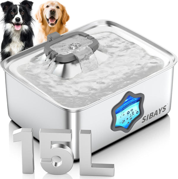 SIBAYS 4Gal/15L Dog Water Fountain, Stainless Steel Pet Water Fountain with Water Level Window & LED Light, Quiet Automatic Dog Water Bowl Dispenser for Large Dogs & Multi-Pet, Easy to Clean FS811
